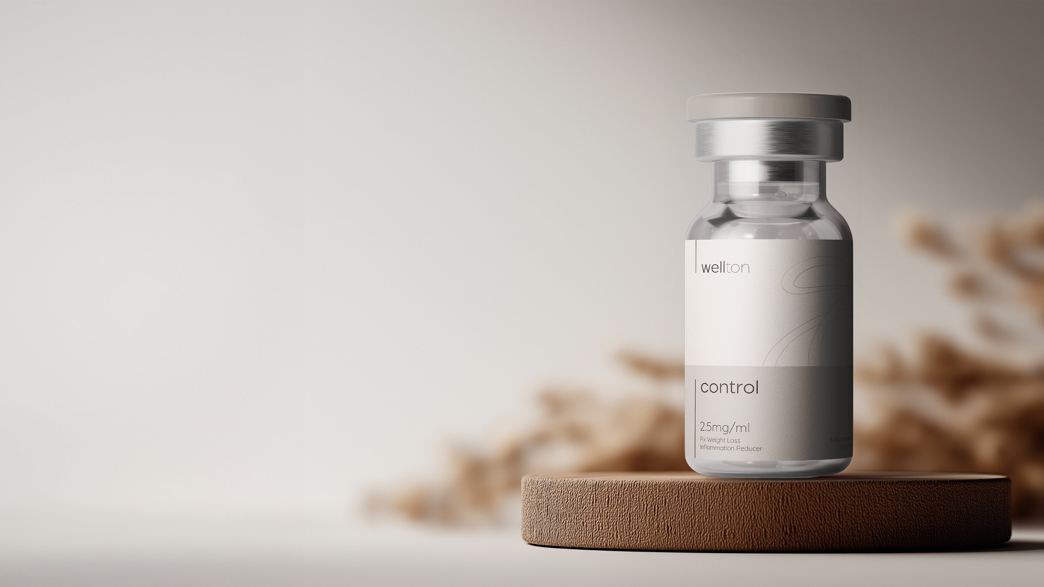 Vial labeled 'control' on a wooden platform with a neutral background
