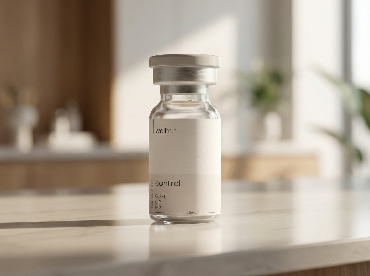 Vial labeled 'control' by 'wellton' on a bathroom counter