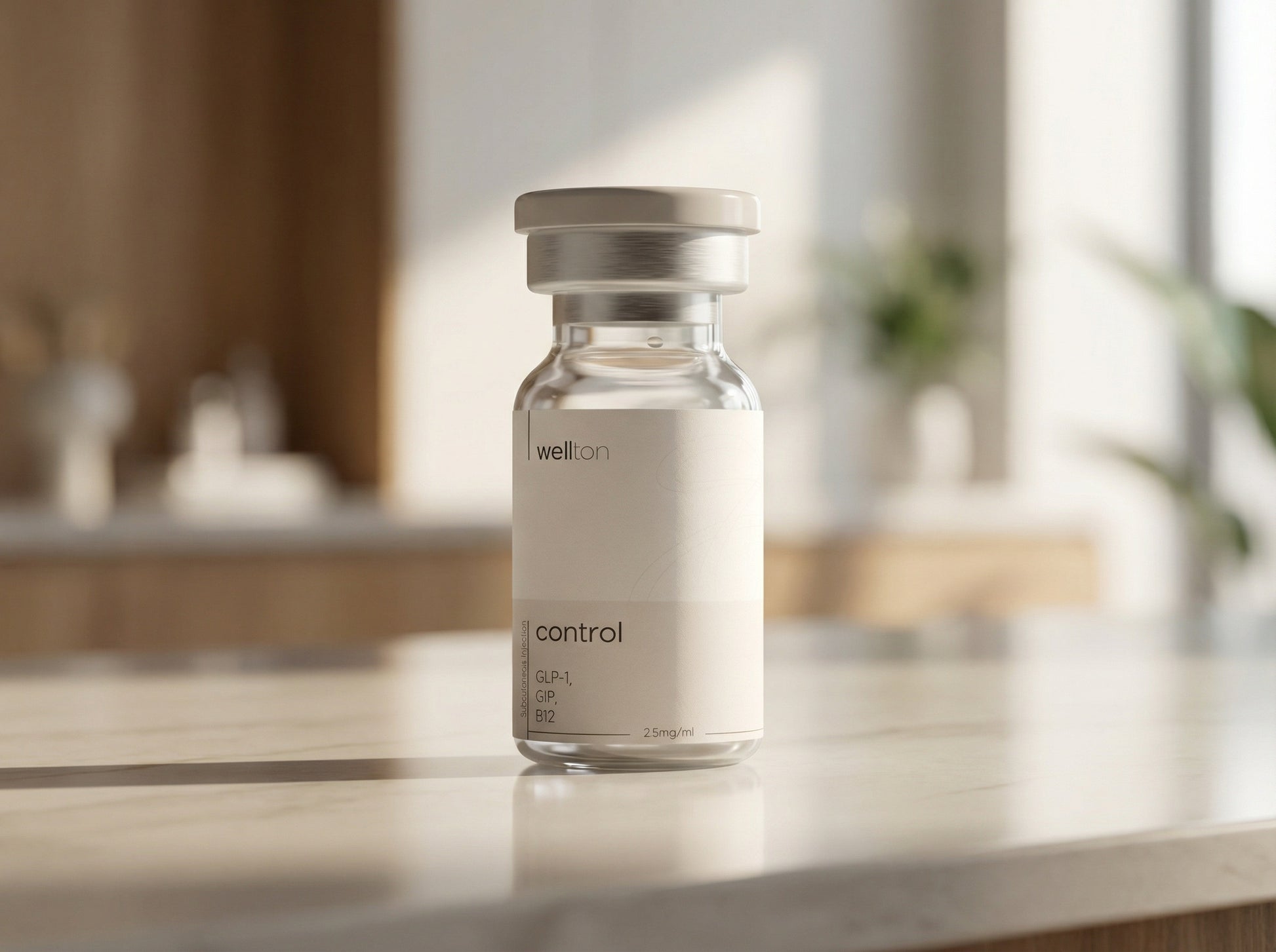 Vial labeled 'control' by 'wellton' on a bathroom counter